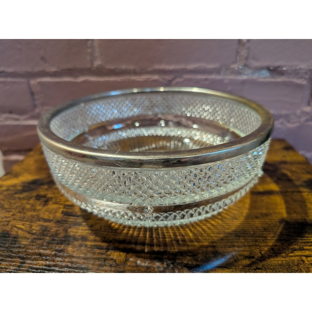 Falstaff Diamond Pressed Glass Fruit Bowl with Silver Rim Vintage Sunburst Base